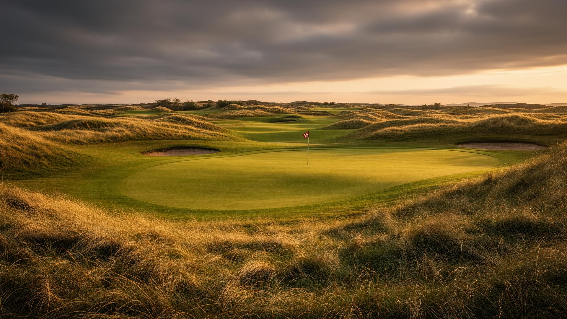 Golden hour over a coastal links course